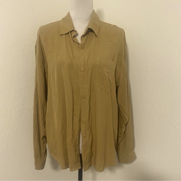 NY Jeans Women’s Size XL Long Sleeve Button Up Blouse Tan - Picture 2 of 6